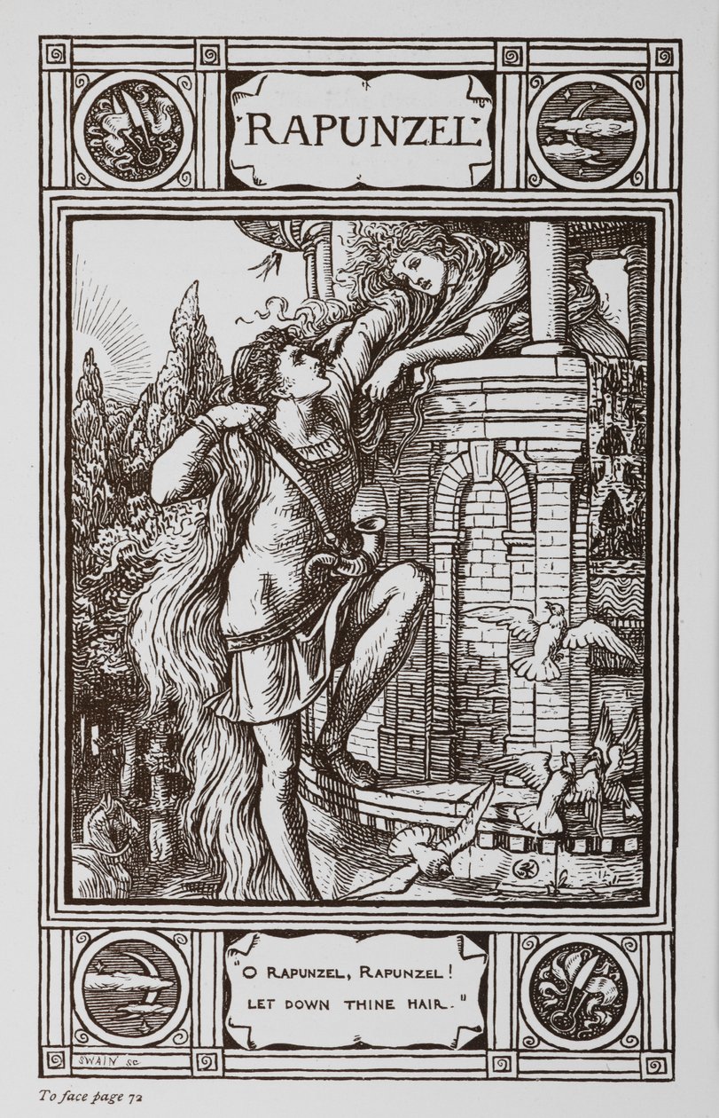 Rapunzel leunt uit het raam van een toren terwijl een prins aan haar haar omhoog klimt door Walter Crane