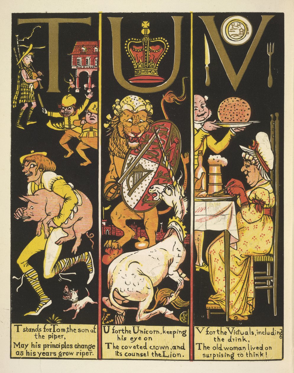 TUV- T staat voor Tom de zoon van een pijper; U voor de eenhoorn; en V voor de victualiën door Walter Crane