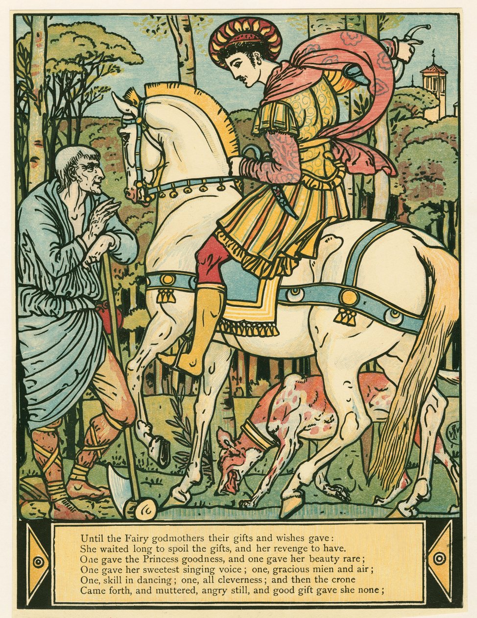 De prins vraagt de weg, uit Het Blauwbaard Prentenboek, uitgegeven 1879 door Walter Crane