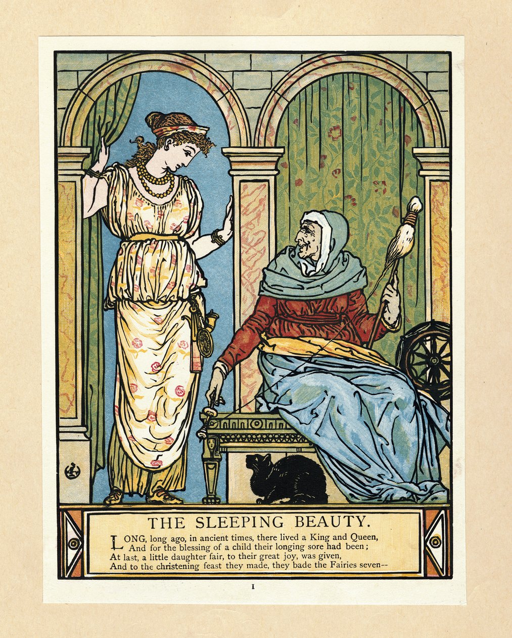 De prinses leert spinnen, uit Het Blauwbaard Prentenboek, uitgegeven 1879 door Walter Crane