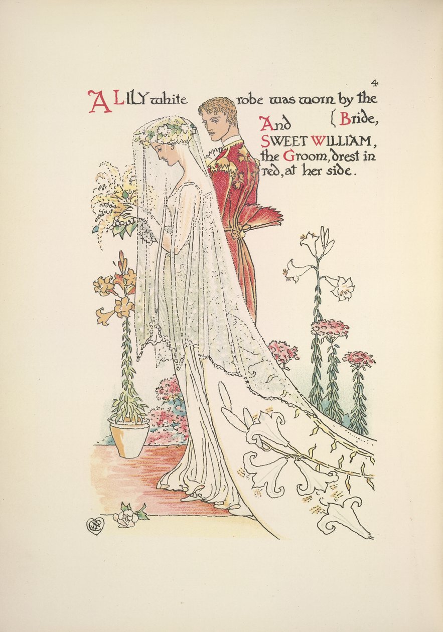 De bruid en bruidegom. Een lelie witte jurk gedragen door de bruid, en zoete William, de bruidegom, gekleed in rood door Walter Crane