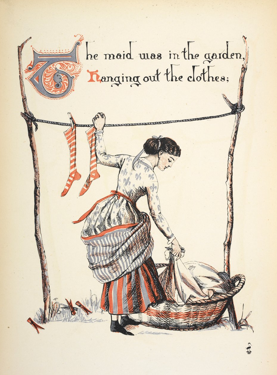 Het dienstmeisje was in de tuin de was aan het ophangen. door Walter Crane