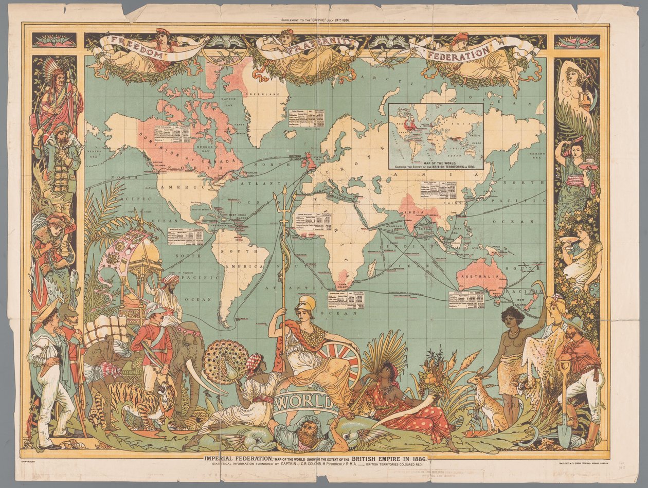 Wereldkaart met het koloniale Britse Rijk, 1886 door Walter Crane
