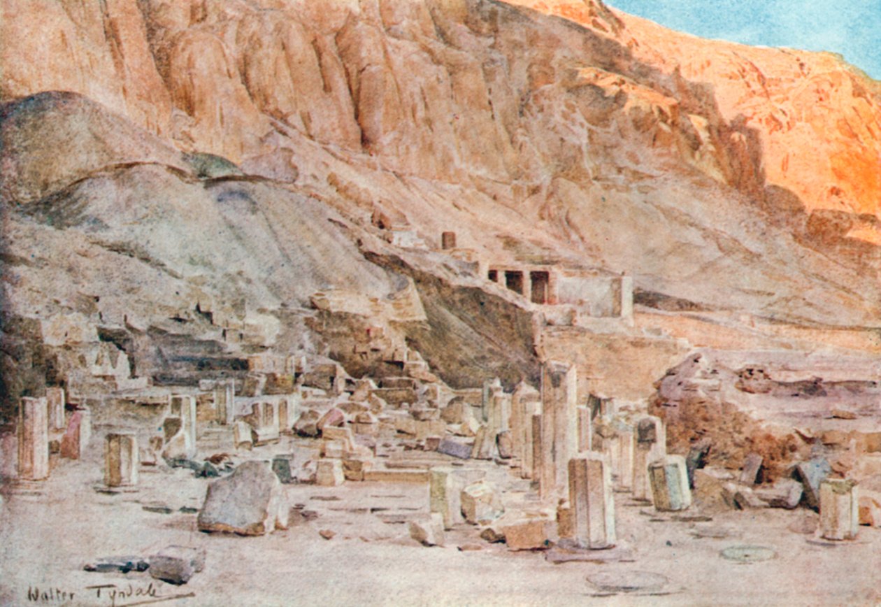 Ruïnes van de Tempel van Mentuhotep in Thebe (kleurenlitho) door Walter Frederick Roofe Tyndale