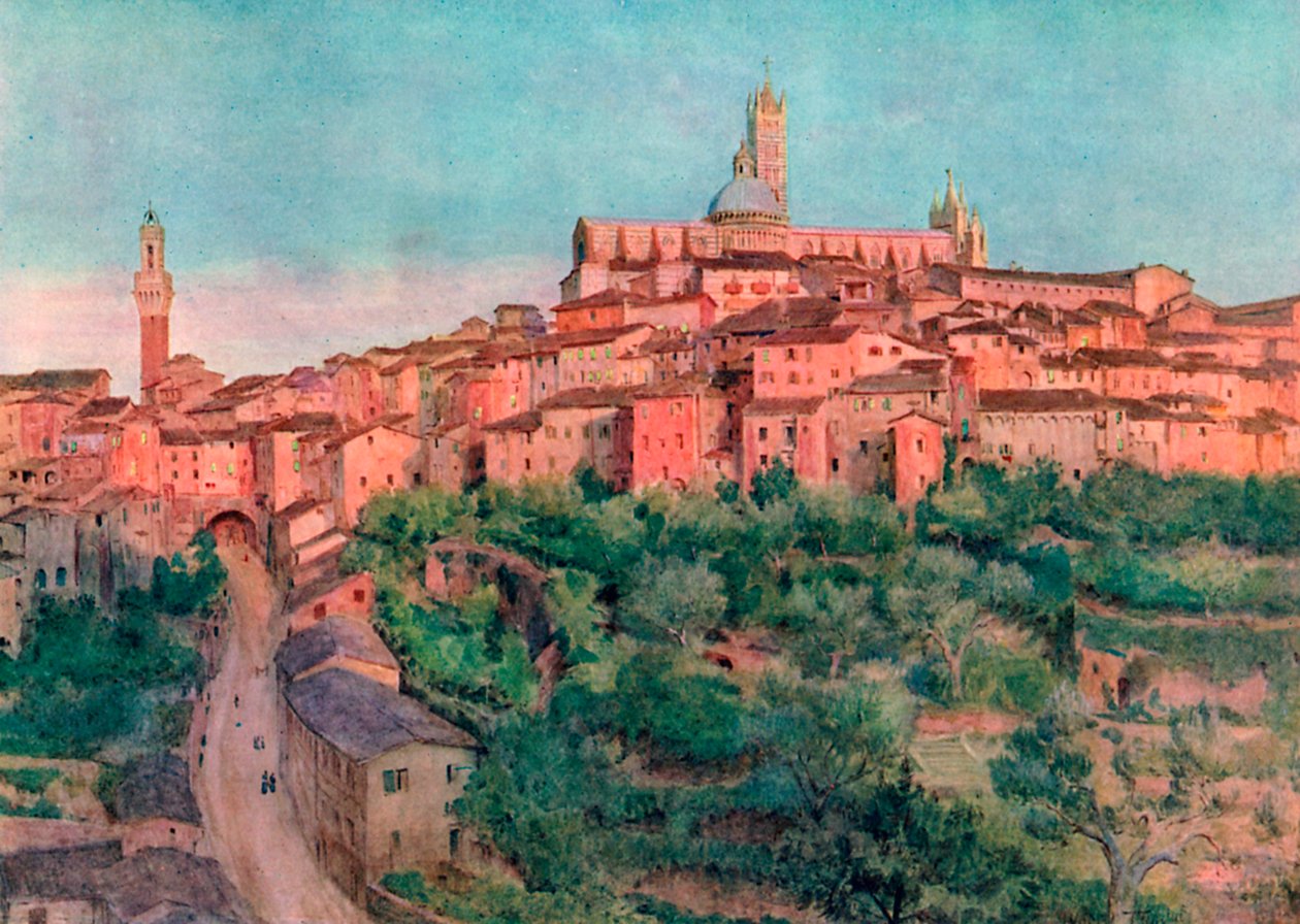 Siena: Een stad op een heuvel (kleurenlitho) door Walter Frederick Roofe Tyndale