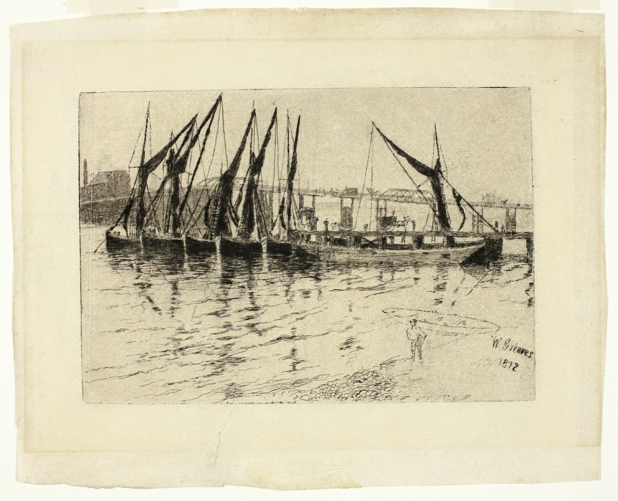 Lossen van kolenbarges (recto); Schets van een gebouw (verso) door Walter Greaves