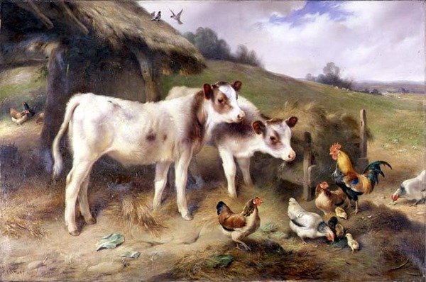 Kalveren en pluimvee buiten een schuur door Walter Hunt