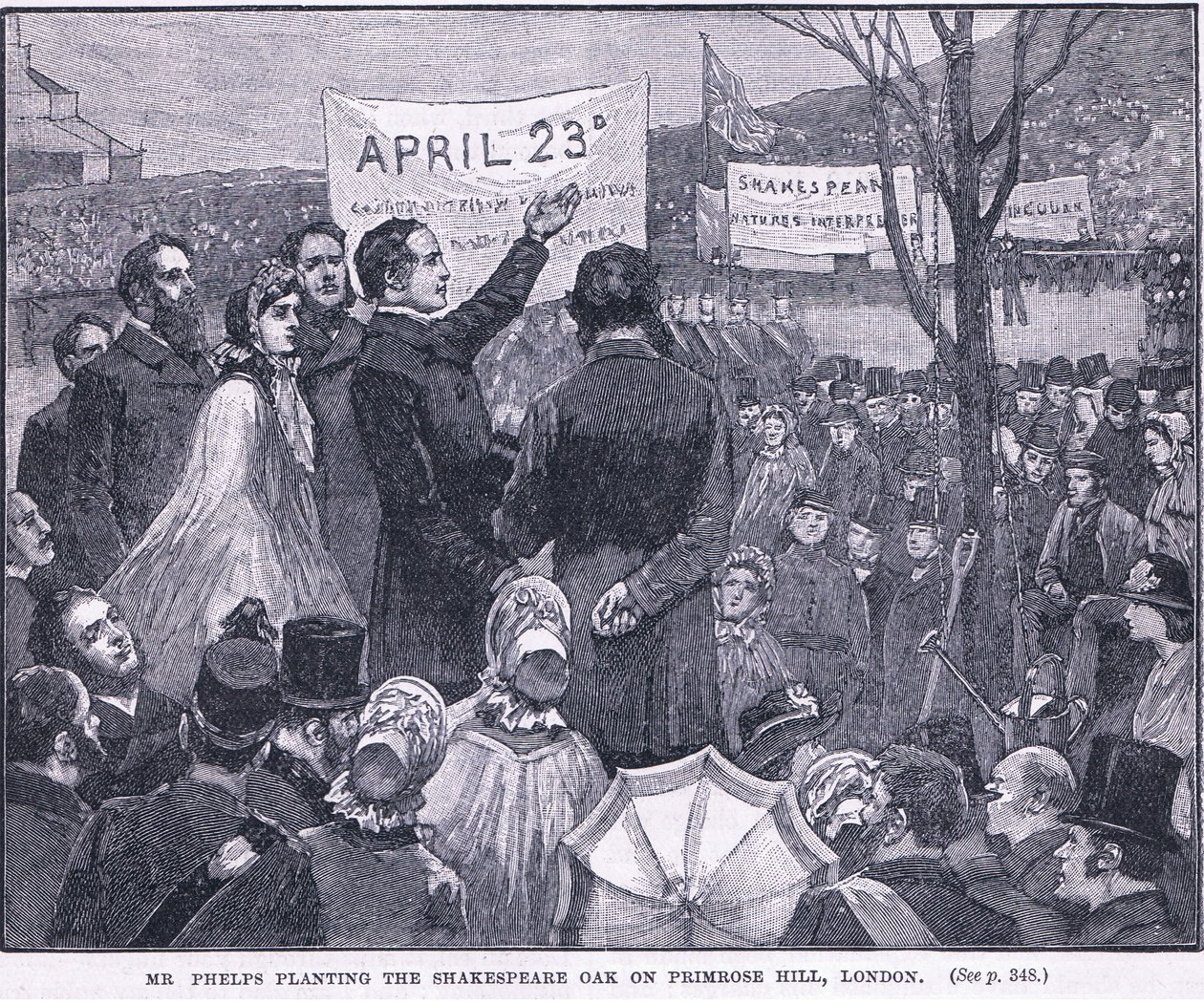 Mr Phelps plant de Shakespeare Eik op Primrose Hill, Londen 1864 AD door Walter Paget