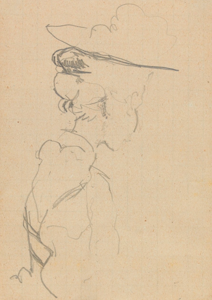 Hoofd en schouders van een vrouw met een hoed, in verloren profiel, naar rechts door Walter Richard Sickert