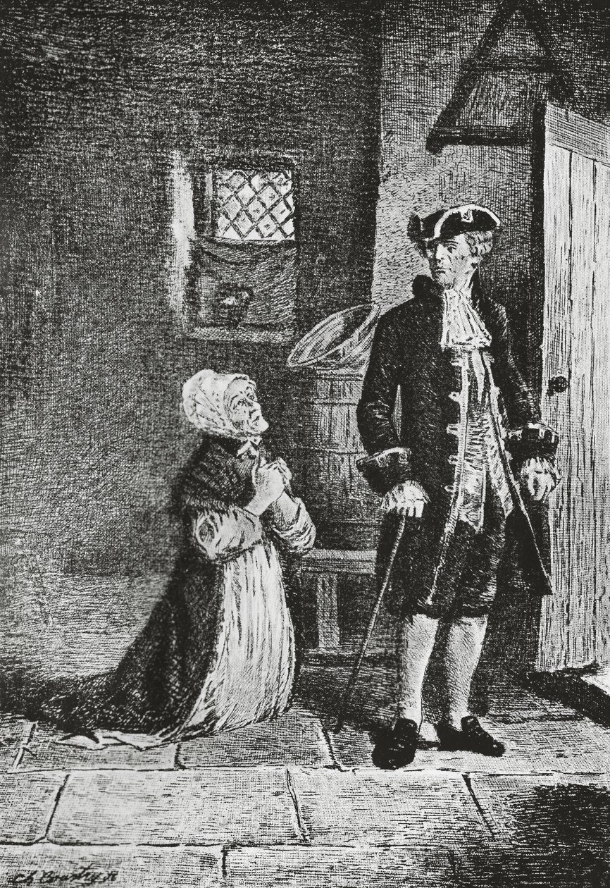 Elspeth en Lord Glenallan, illustratie voor Antiquair, historische roman door Walter Scott (1771-1832), gravure door Walter Scott