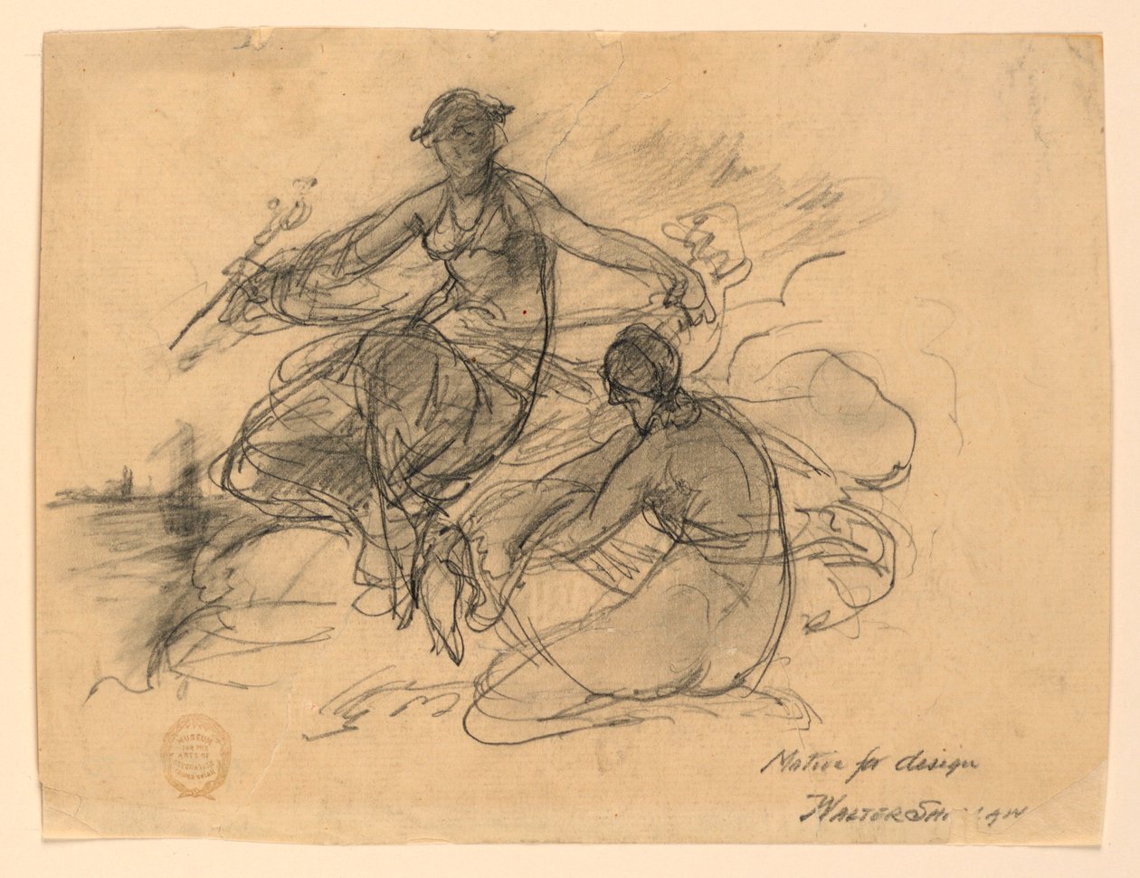 Handel en een andere allegorische figuur (Motief voor bankbiljetontwerp) door Walter Shirlaw