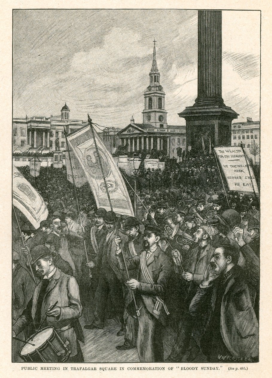 Openbare bijeenkomst op Trafalgar Square ter herdenking van Bloody Sunday (gravure) door Walter Westley Russell