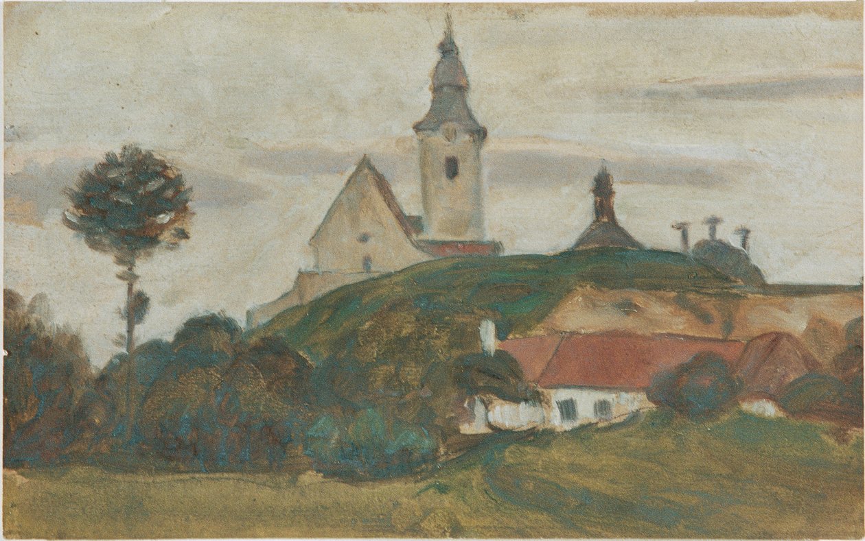 Landschap met kerk en dorp door Walther Gamerith