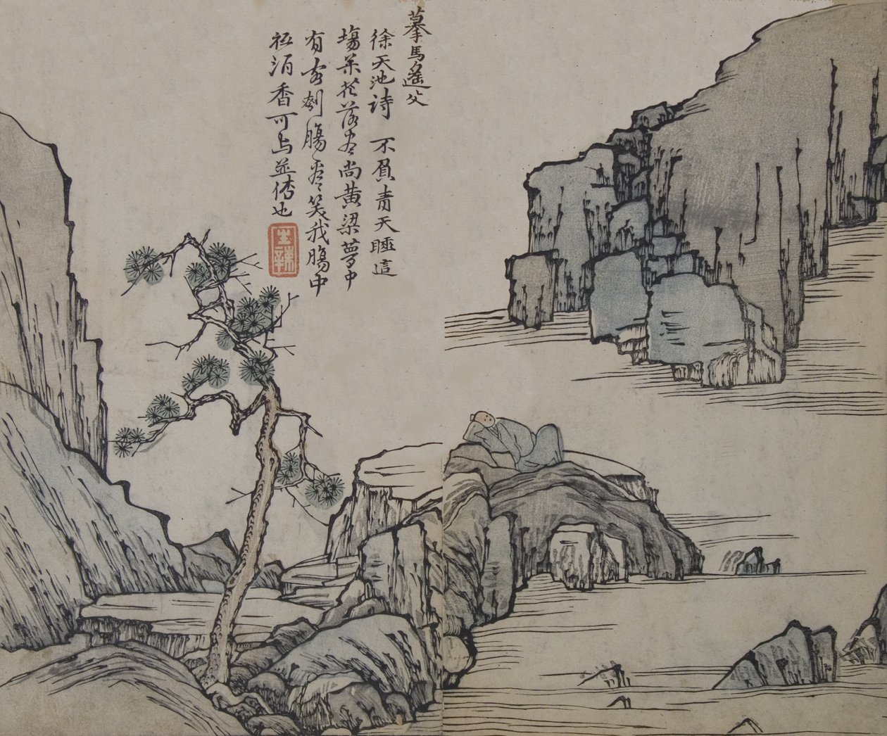 Landschap na Ma Yuan actief ca. 1190-1225, uit de Mosterdzaadtuin..., Eerste editie, 1679 door Wang Gai