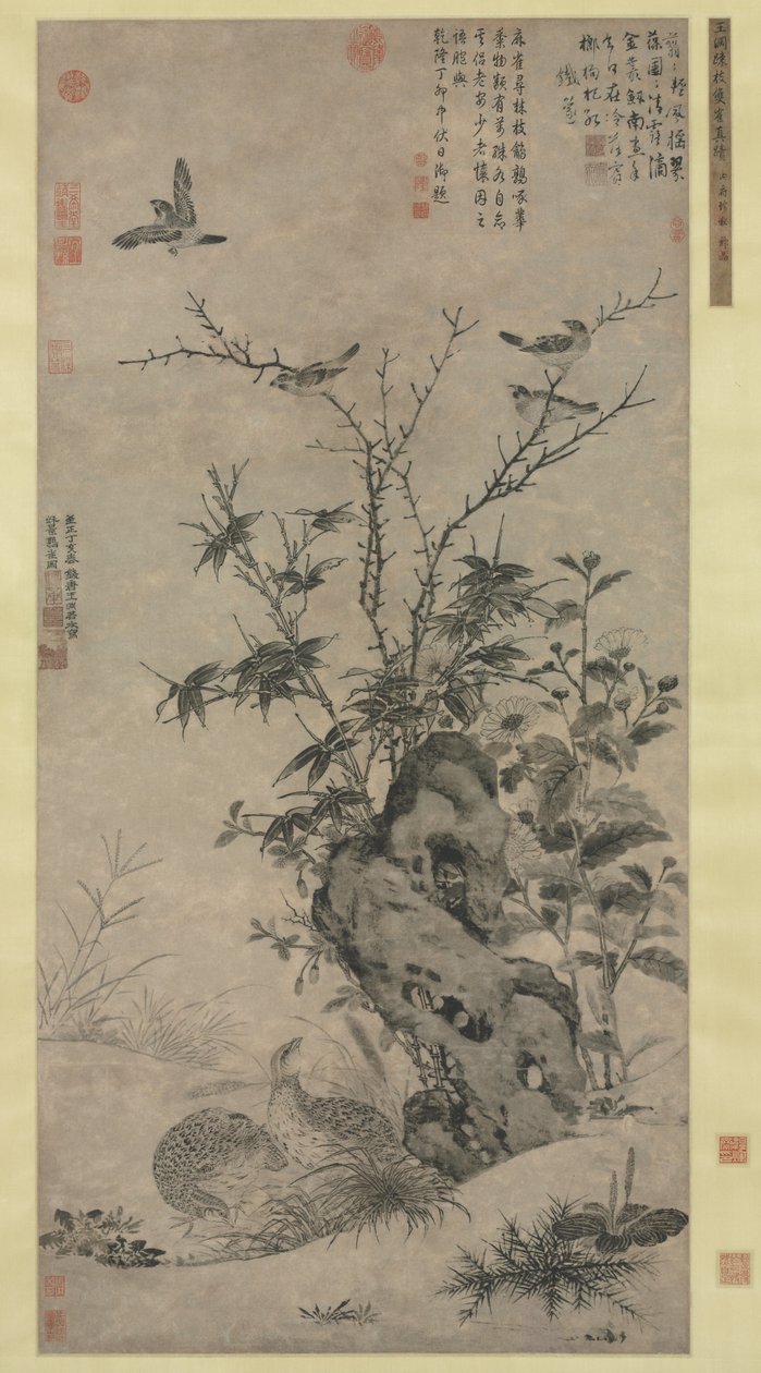 Kwartels en mussen in een herfsttafereel, 1347 door Wang Yuan