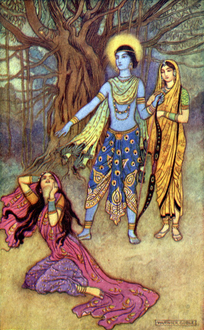 Rama wijst de demonische minnaar af door Warwick Goble