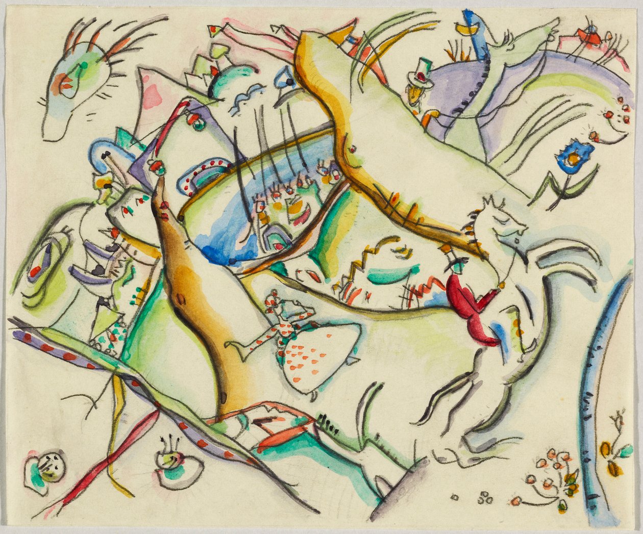 Aquarel voor Ets III; Landschap met ruiters door Wassily Kandinsky