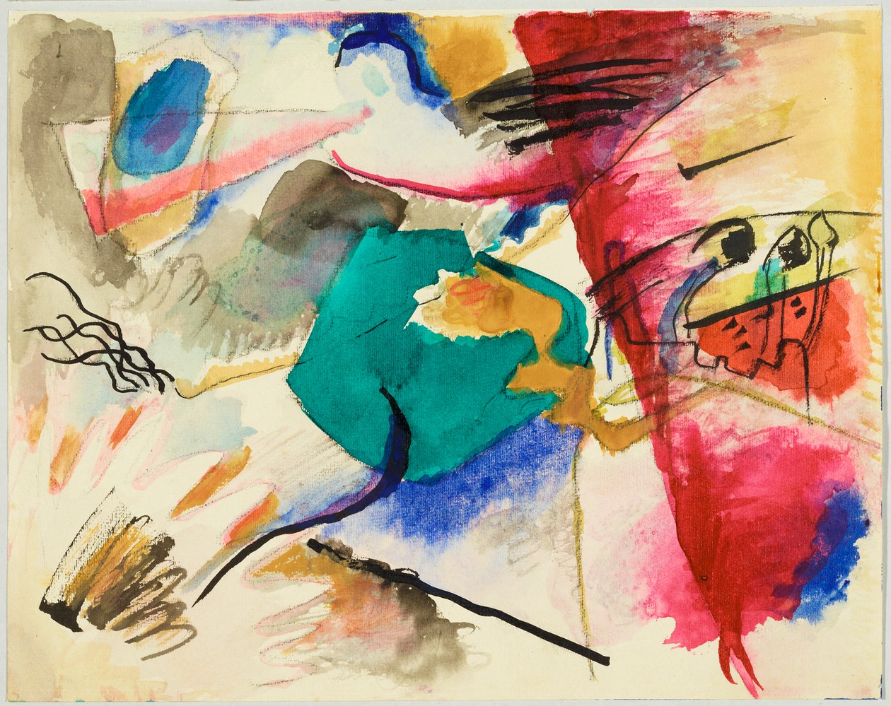 Ontwerp voor „Afbeelding met groen centrum”, ook genaamd „Aquarel voor Afbeelding met groen centrum”, blad 5 van het schetsboek door Wassily Kandinsky