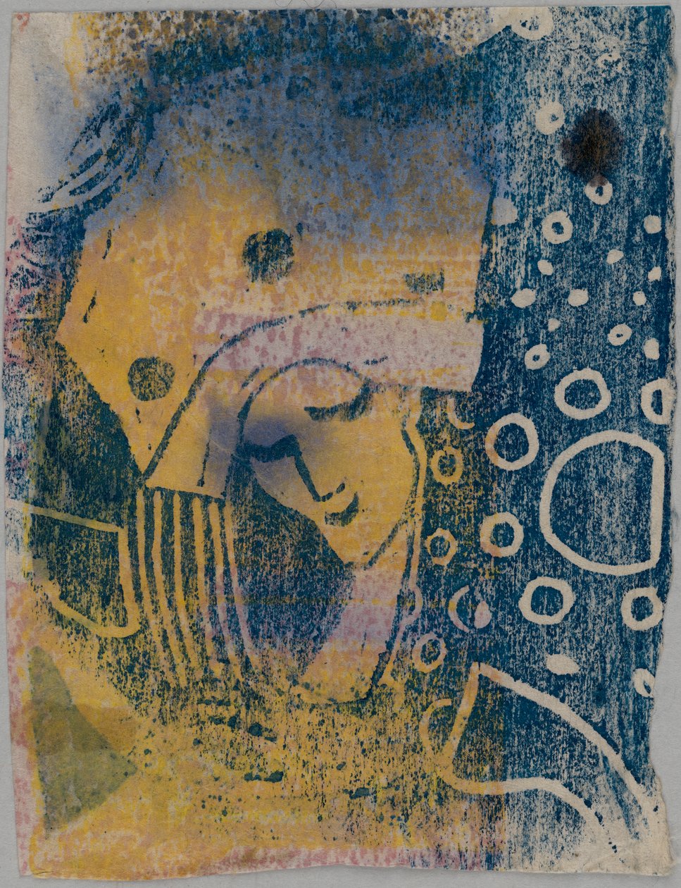 Farbholzschnitt-Probedrucke; Vorderseite: Frauenkopf mit großer Haube, Hintergrund mit Kreismusterung; Rückseite: Hand, stehende Gestalten door Wassily Kandinsky