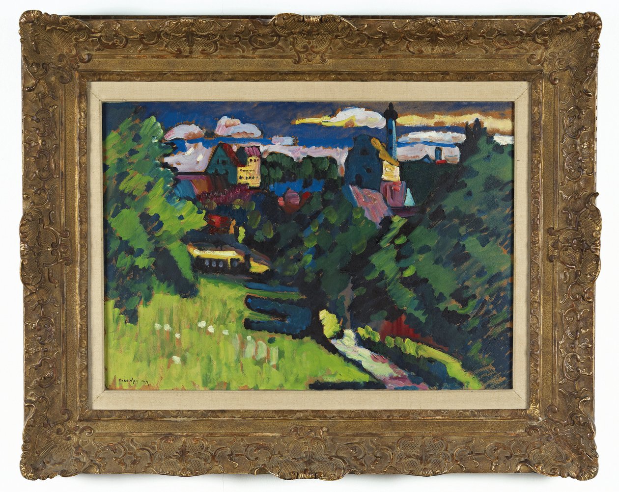 Murnau - uitzicht met kasteel, kerk en spoorweg door Wassily Kandinsky