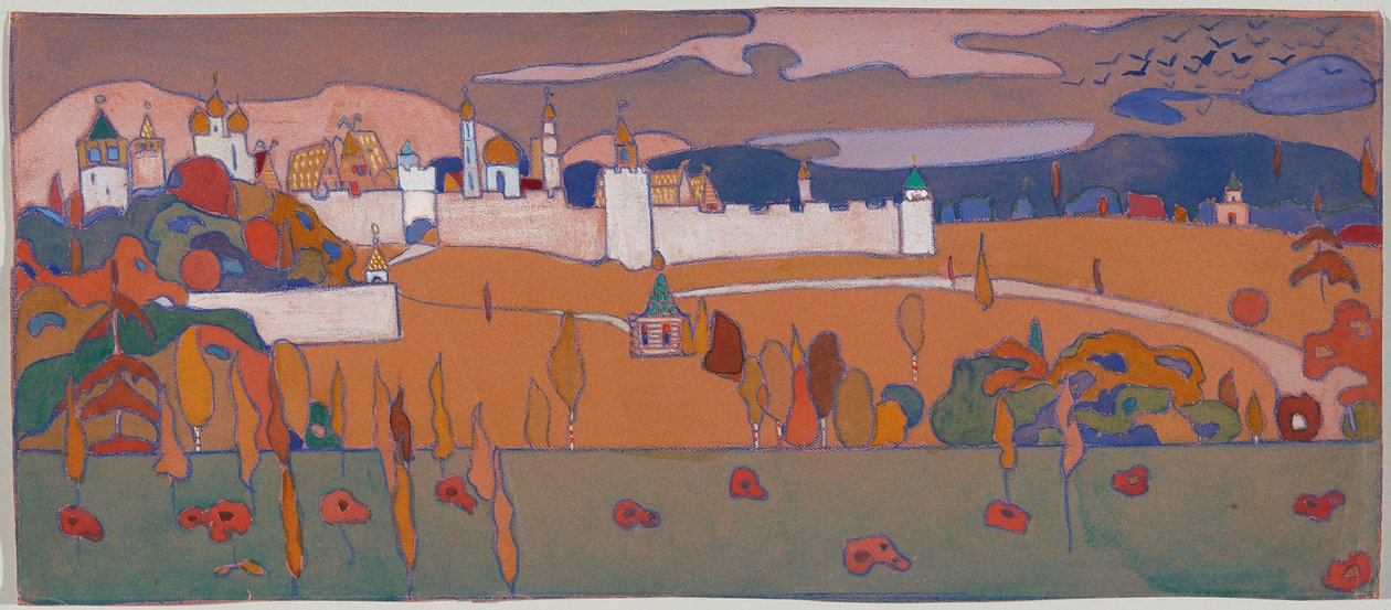 Ommuurde stad in een herfstlandschap door Wassily Kandinsky