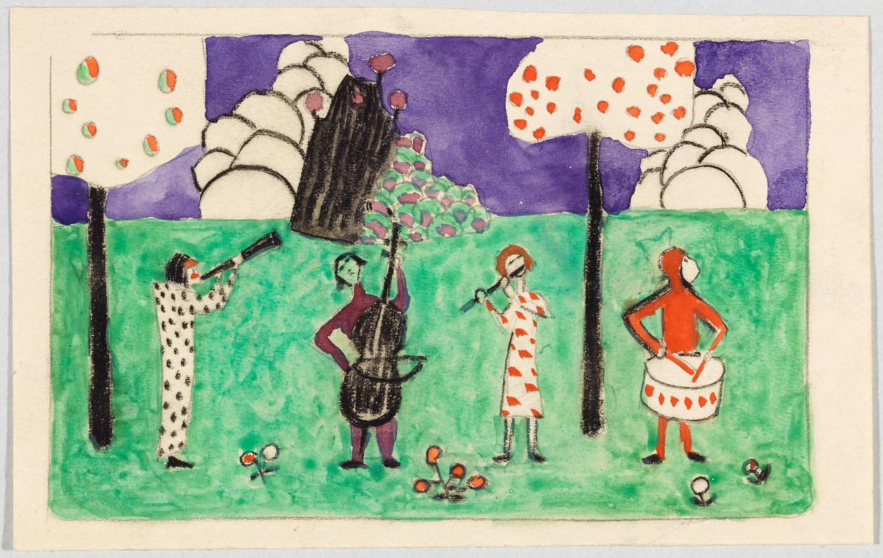 Vier muzikanten in een landschap door Wassily Kandinsky