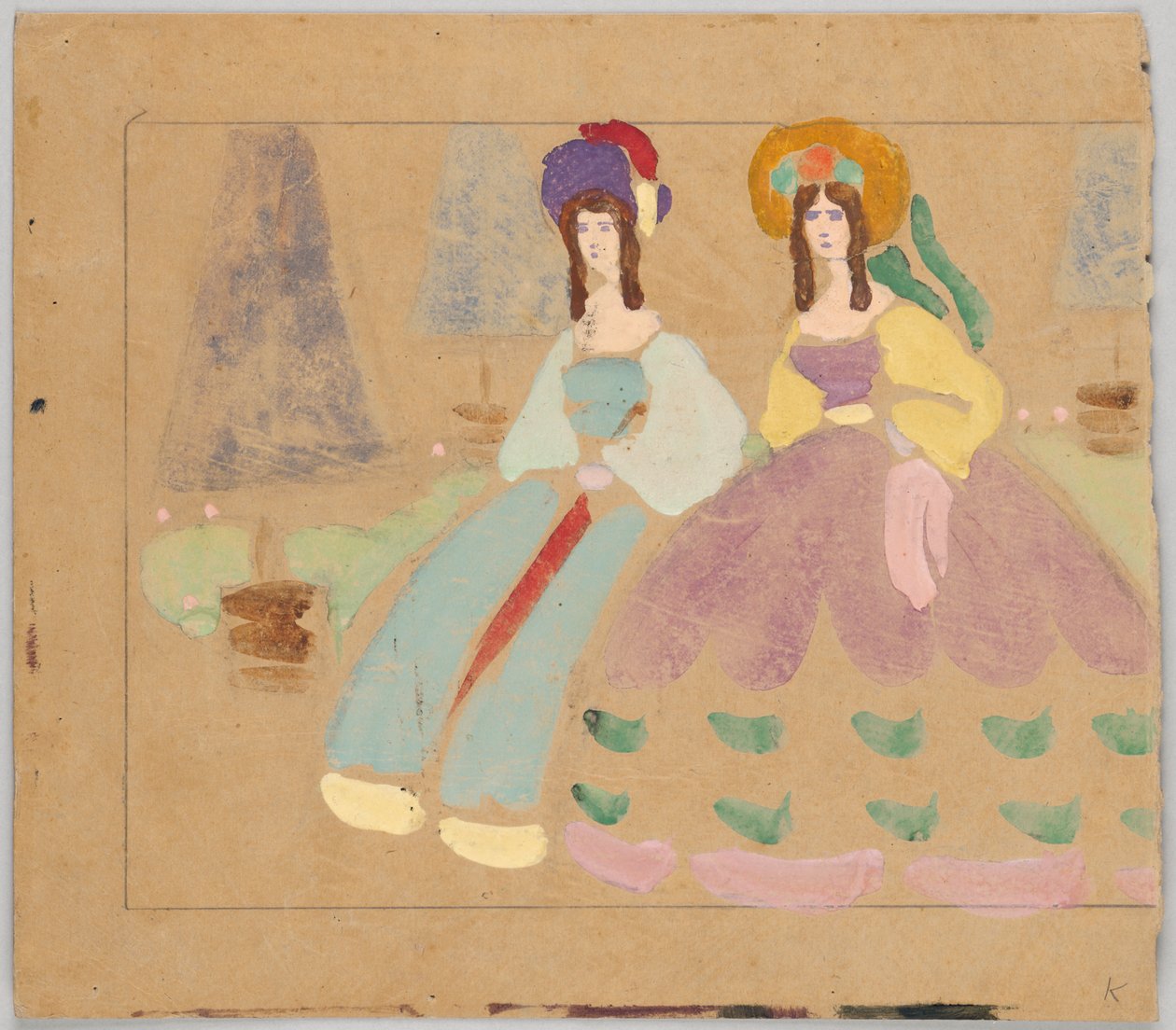 Twee dames in hoepelrokken voor gesnoeide bomen in potten (zie GMS 263) (GMS 620 is de linkerhelft door Wassily Kandinsky