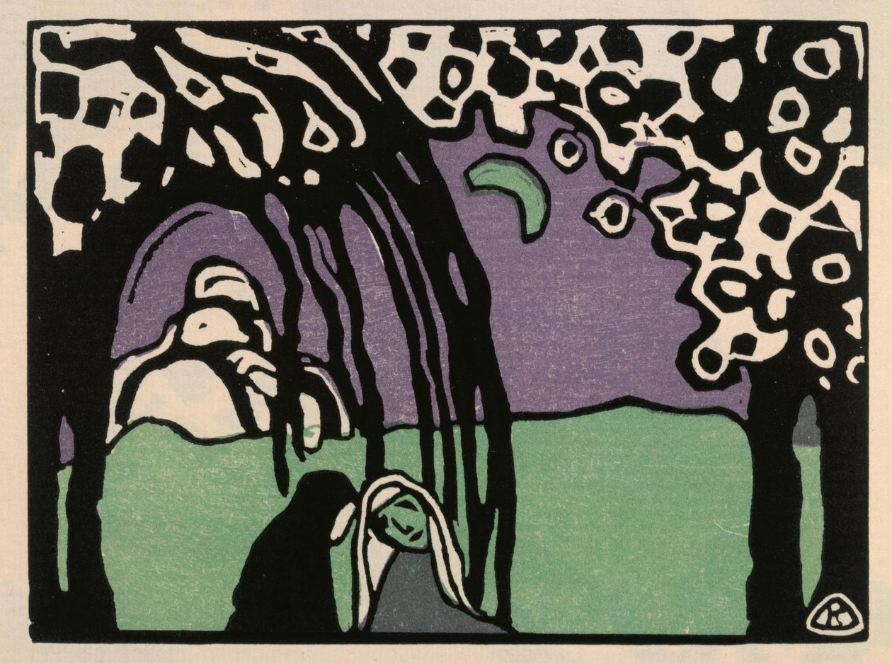 Twee vrouwen in een maanlandschap (blad 12 uit: „Klanken”) door Wassily Kandinsky