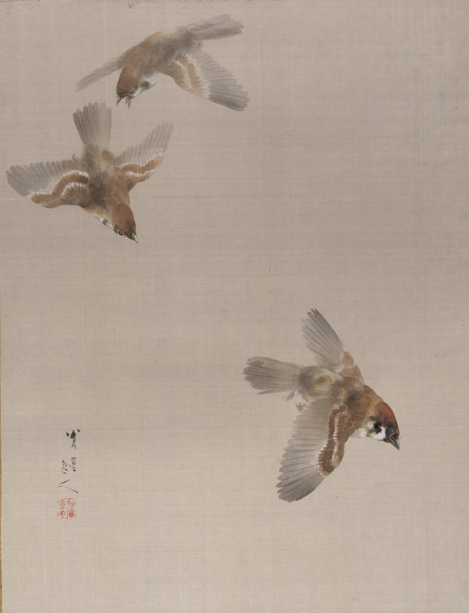 Mussen vliegen, ca. 1887 door Watanabe Seitei
