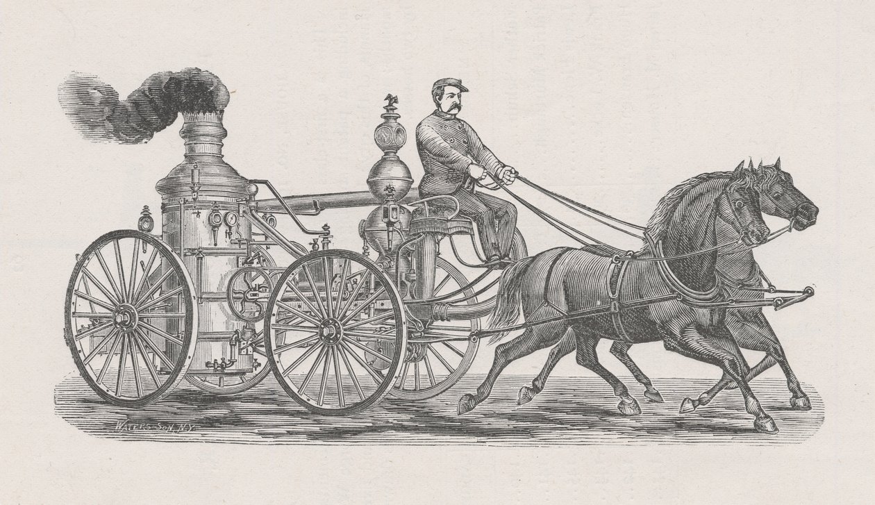 Illustratie van stoomboot R.A. Williams No.17 brandweerwagen, uit het Rapport van de Raad van Politie, in de Brandweer, aan de Gemeenteraad van de Stad Chicago, p. 60., 1872 door Waters and Son Waters and Son