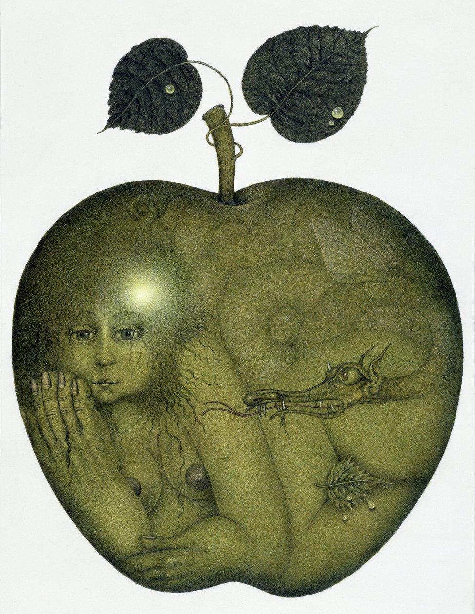 Appel en Eva en Slang (potlood en kleurpotlood op papier) door Wayne Anderson