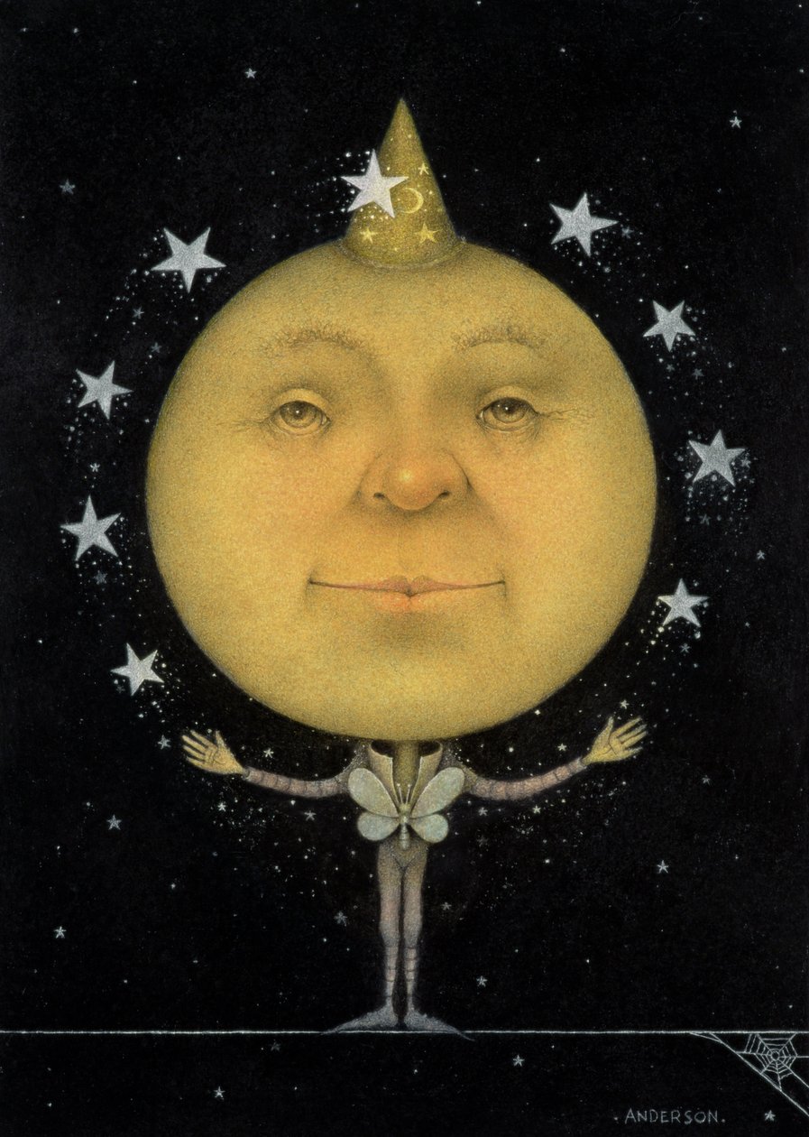 Jonglerende volle maan (potlood en kleurpotlood op papier) (paar van 150067) door Wayne Anderson