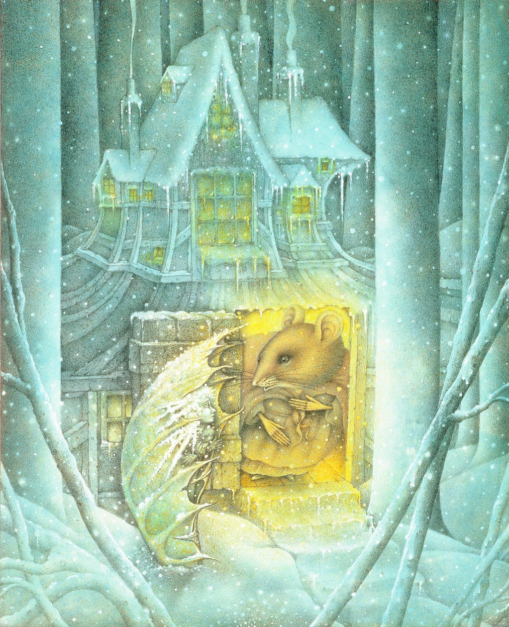 Duimelijntje en muis in de sneeuw (potlood en kleurpotlood op papier) door Wayne Anderson