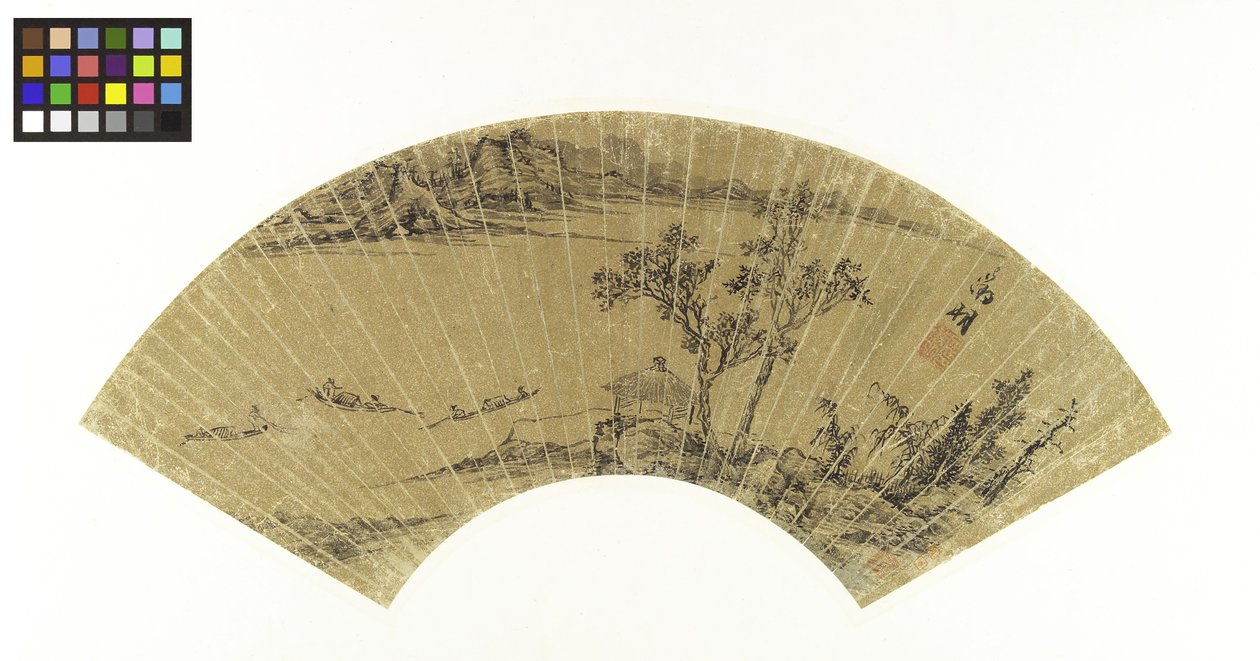 Landschap met meer en drie boten door Wen Zhengming