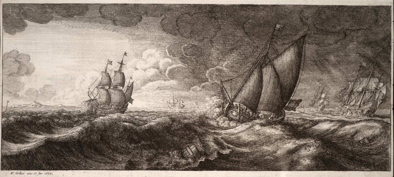 Een jacht en drie oorlogsschepen in een storm. Staat 1 door Wenceslaus Hollar