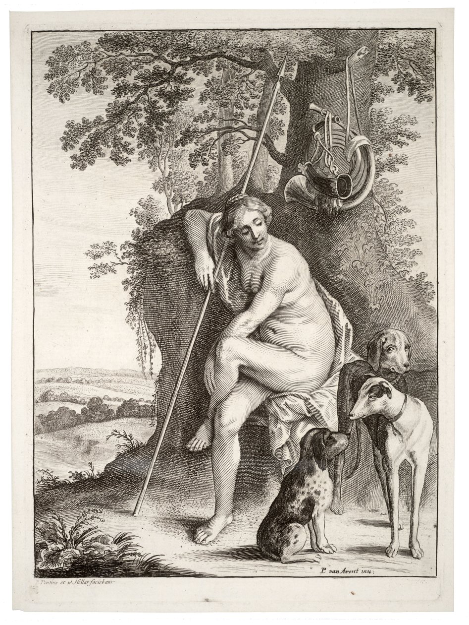 Zittende jageres, naar Avont. Staat 3 door Wenceslaus Hollar