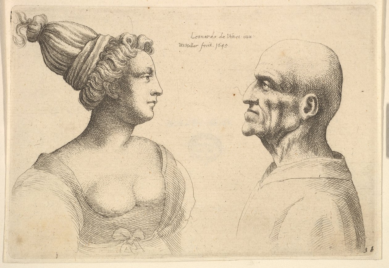 Een vrouw met haar naar achteren gebonden en een kale man die elkaar aankijken door Wenceslaus Hollar