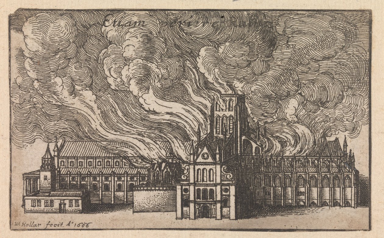 De brand van de oude St. Paul’s Cathedral tijdens de Grote Brand van Londen door Wenceslaus Hollar