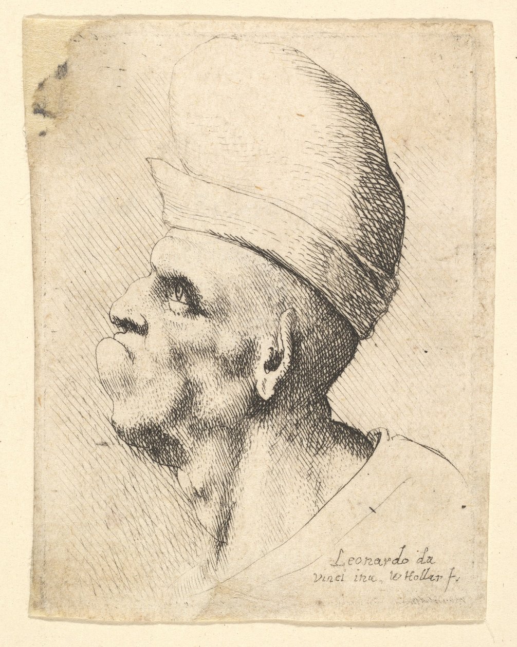 Buste van een misvormde man met een bolvormige hoed in profiel naar links, 1625-77 door Wenceslaus Hollar