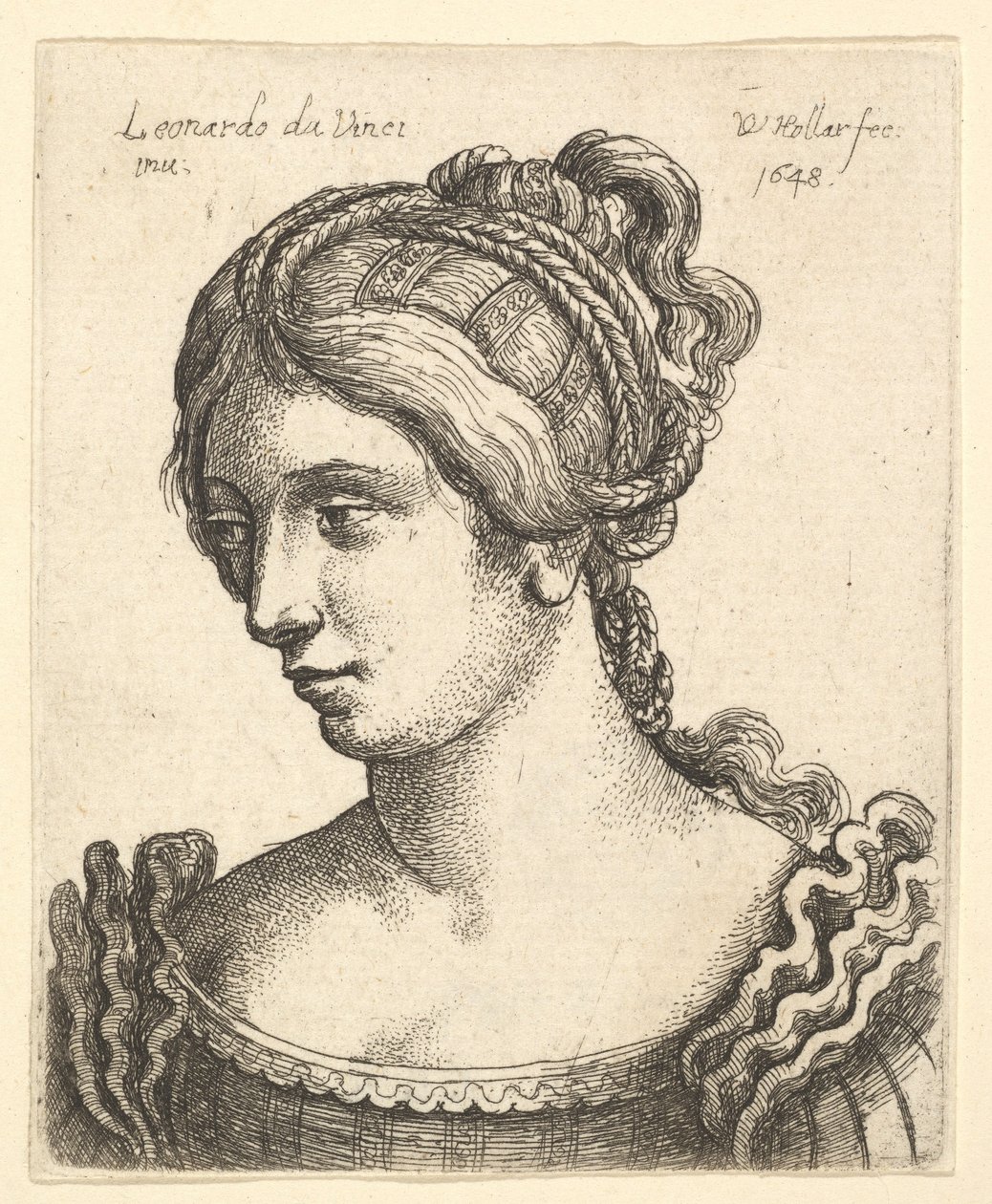 Borstbeeld van een vrouw die naar links kijkt met rijkelijk versierd haar door Wenceslaus Hollar