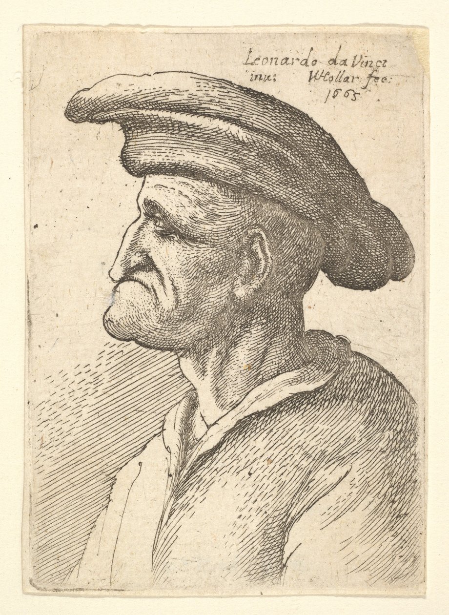 Buste van een oudere man met een neus die zijn onderlip raakt, met een brede platte pet in profiel, 1665 door Wenceslaus Hollar