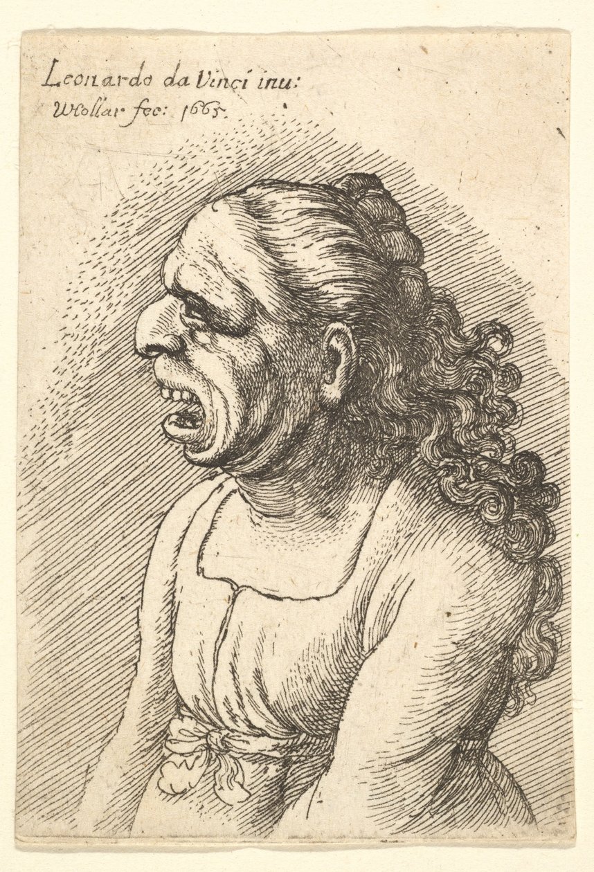 Borstbeeld van vrouw met wijd open mond en lang krullend haar over haar schouders, 1665 door Wenceslaus Hollar