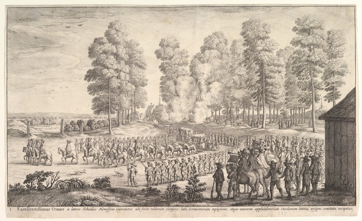 Intocht van de Graaf van Thurn en Taxis in Hemissen, ca. 1651 door Wenceslaus Hollar