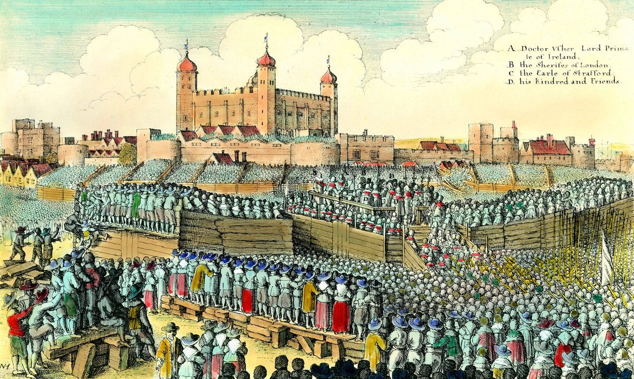 Eerste Engelse Revolutie (1641-1649): executie van de Engelse politicus Thomas Wentworth de Strafford (1593-1641) op 12/05/1641 op Tower Hill in Londen. Gravure door Wenceslaus Hollar (1607-1677) 17e eeuw door Wenceslaus Hollar
