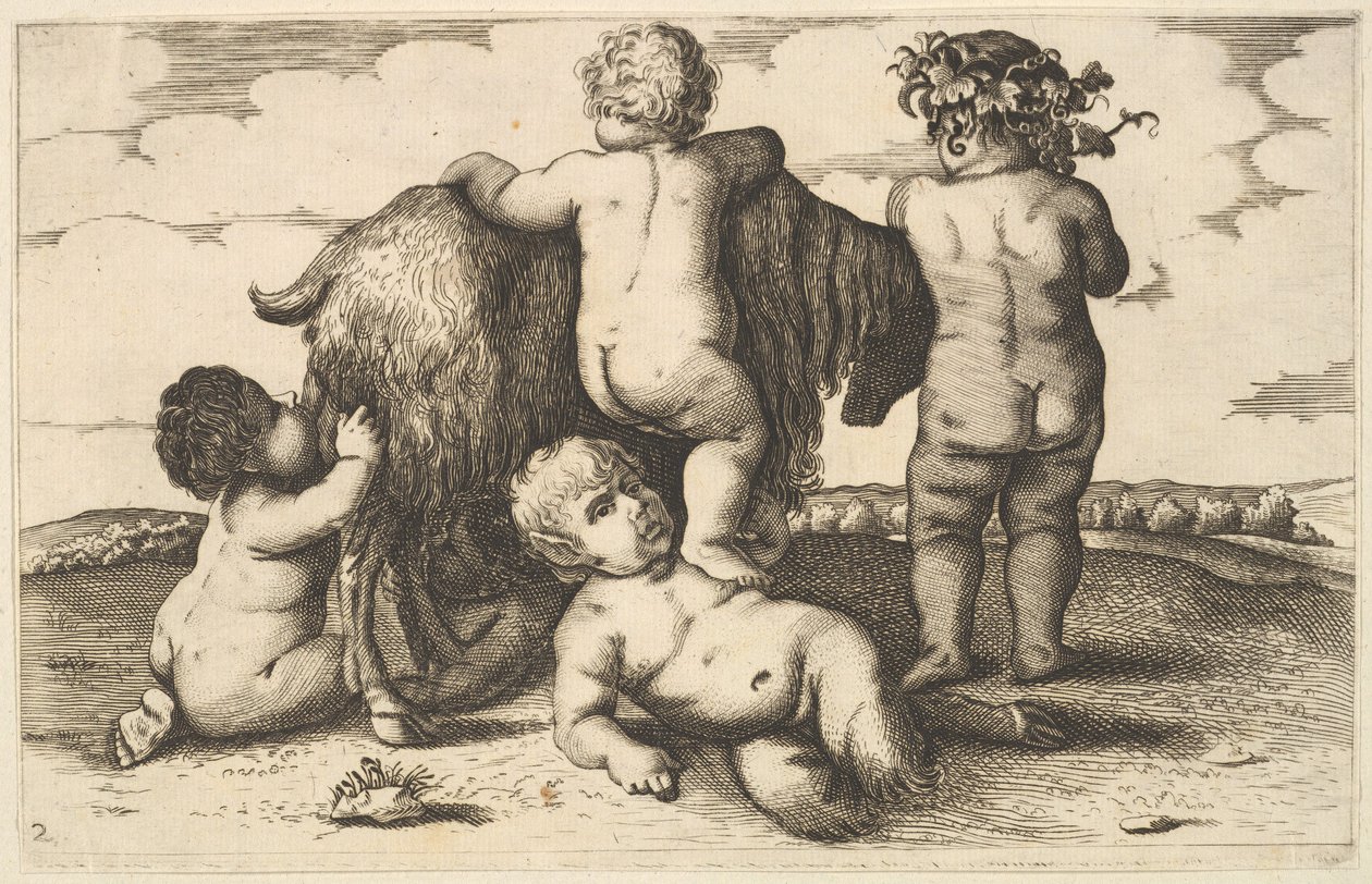 Vier jongens, een jonge sater en een geit kopie door Wenceslaus Hollar