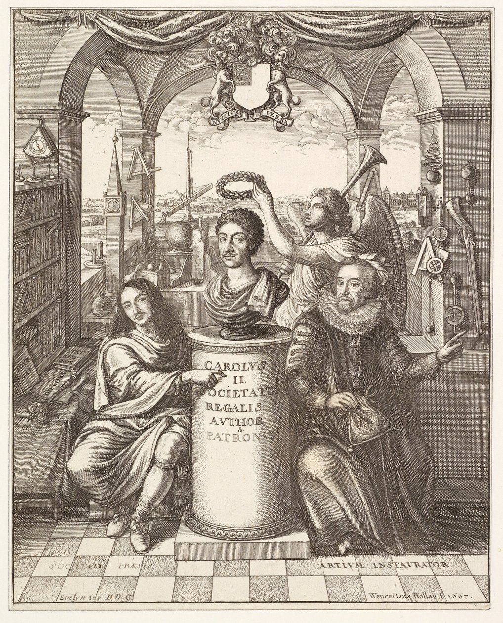Frontispice van The History of the Royal Society of London door Thomas Spratt, uitgegeven 1702 door Wenceslaus Hollar