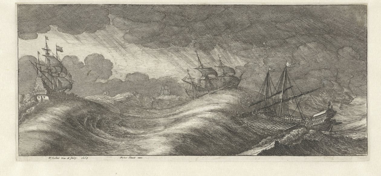 Galei en andere schepen in een zeestorm door Wenceslaus Hollar