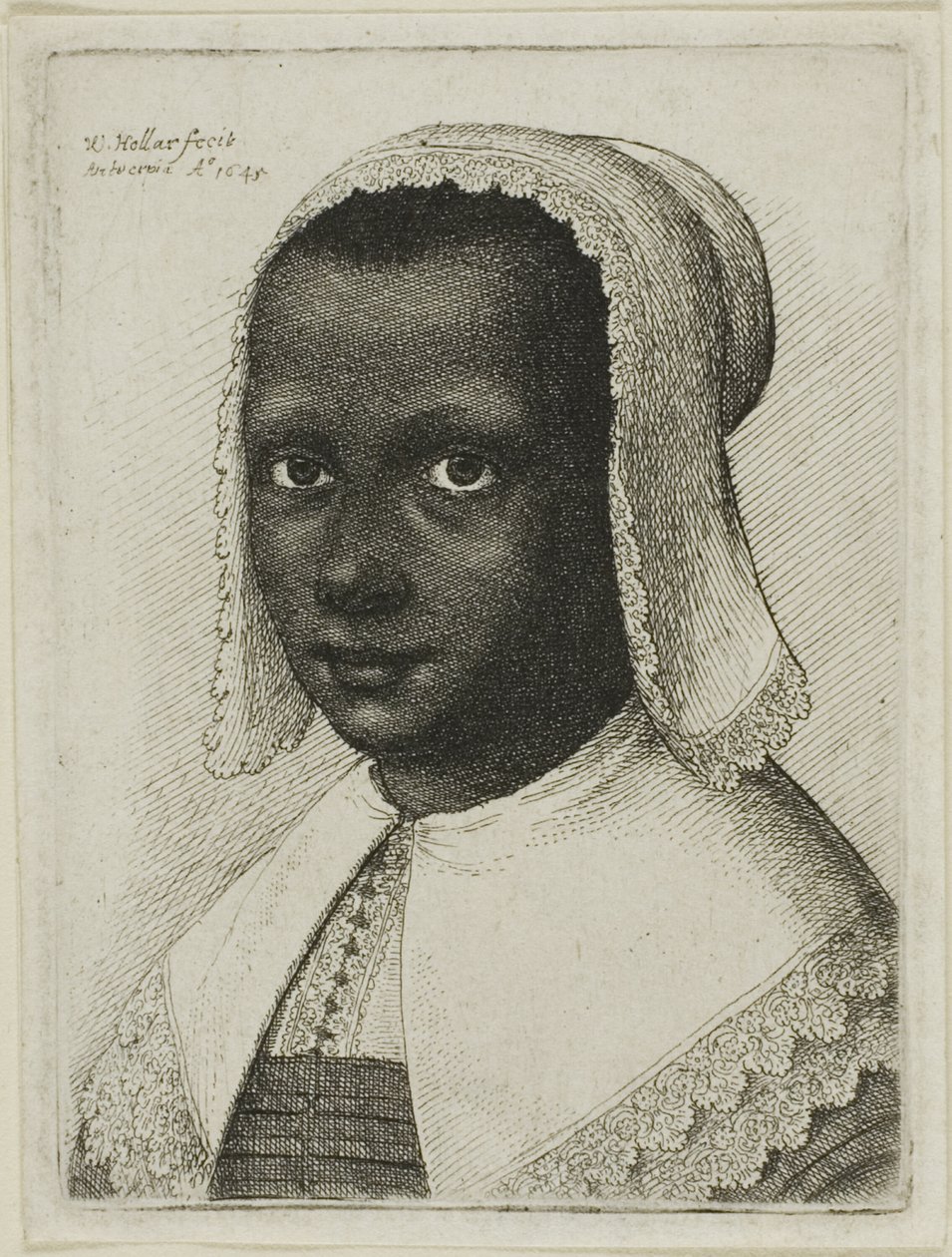 Hoofd van een zwarte vrouw met een kanten muts door Wenceslaus Hollar