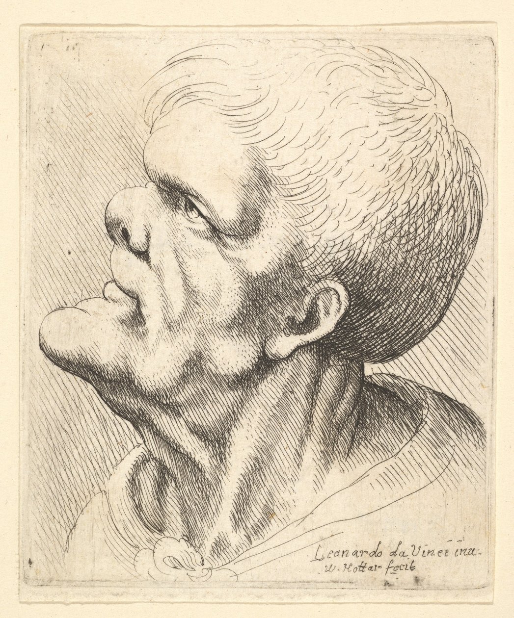 Hoofd van een man met vooruitstekende kin en stompe neus, kijkend omhoog in profiel naar links, 1625-77 door Wenceslaus Hollar