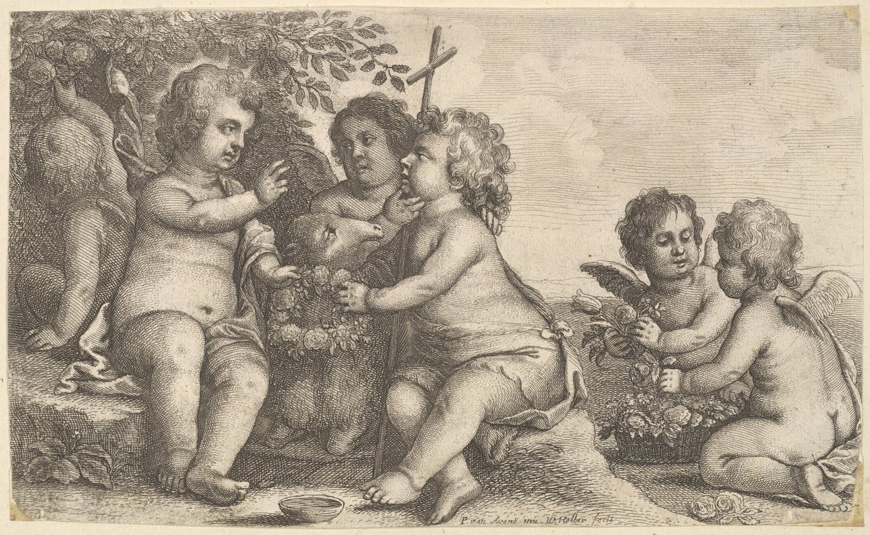 Jezus, St. Johannes de Doper en vier cherubijnen, 1625-77 door Wenceslaus Hollar